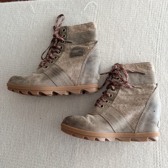 Sorel Brown Grey Wool Detail Lexie Wedge Ankle Bootie Size 8.5 Outdoor Gorp - Picture 3 of 8